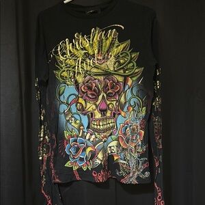 Christian Audigier Black Graphic Long Sleeve Shirt